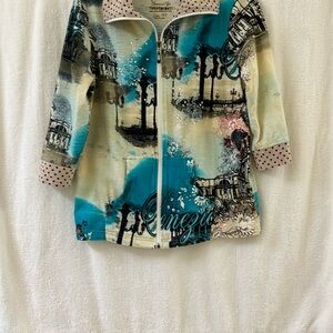Onque Casuals Blue and Cream Blazer with European Scenic Print
